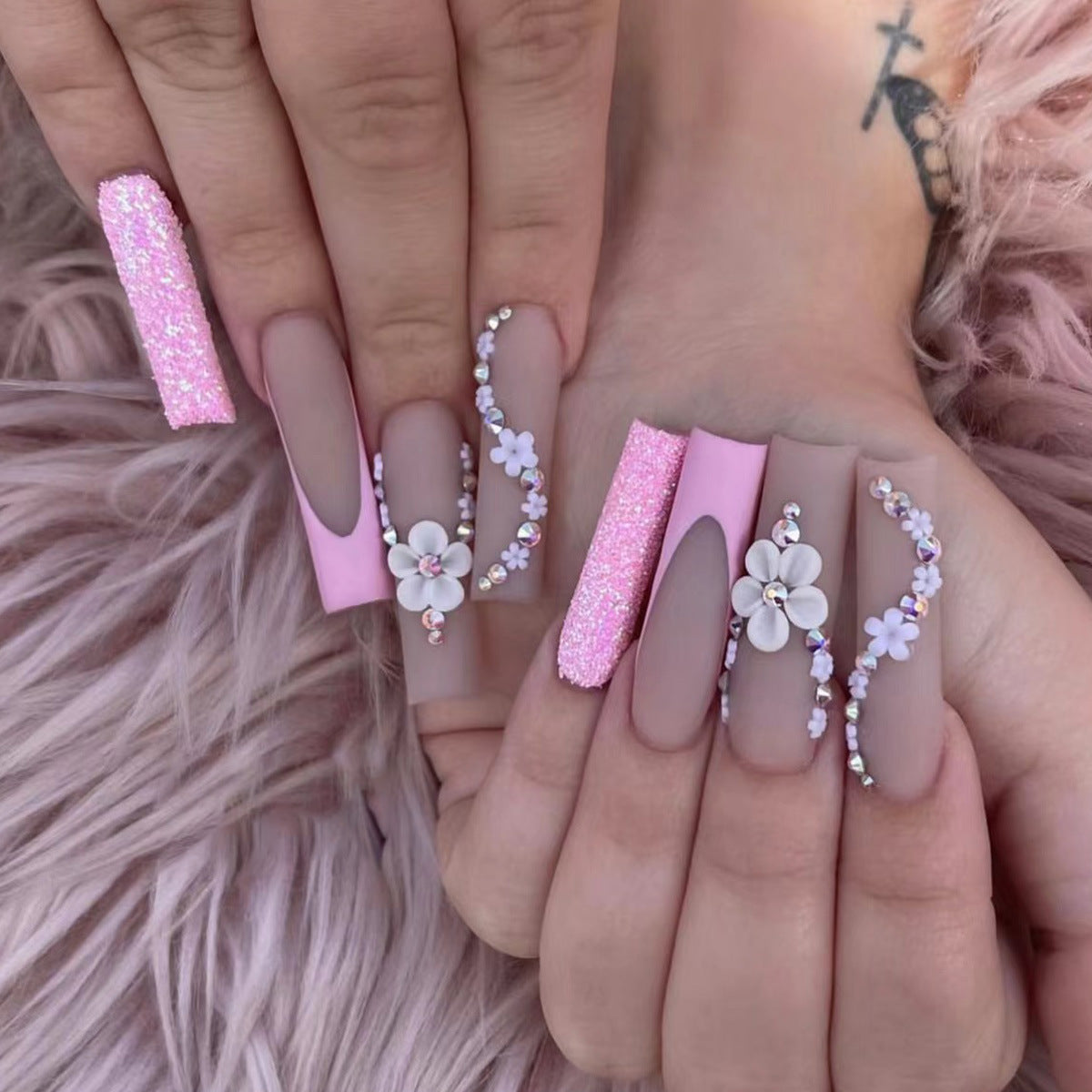 Floral Flash Crystal French Matte Nail Tips