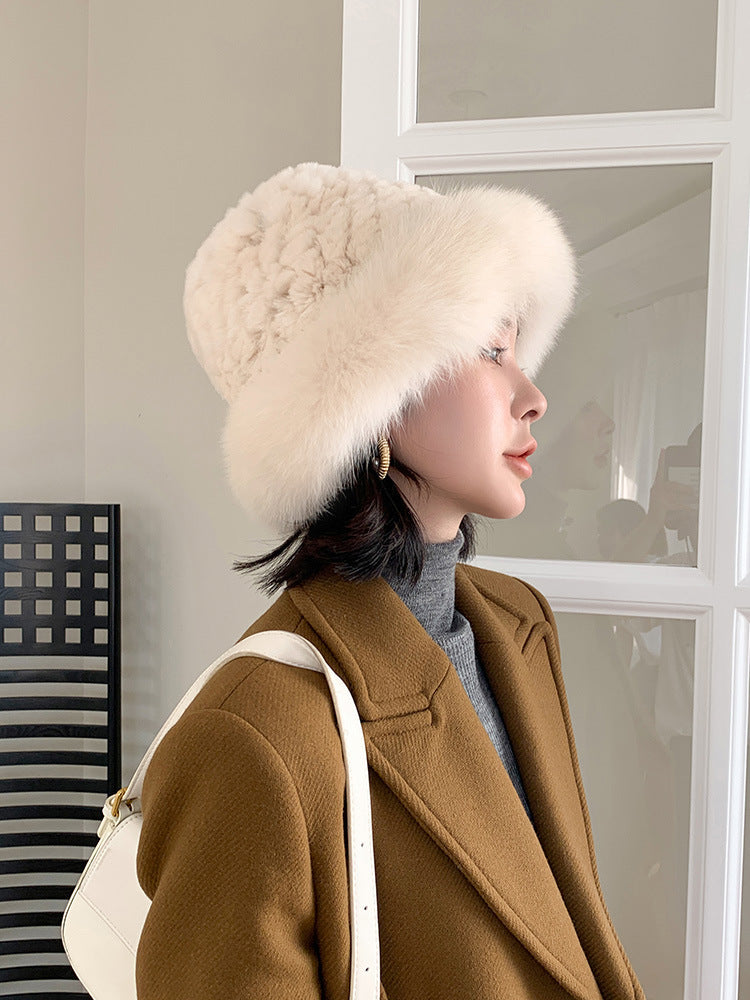 Winter New Real Rabbit Fur Hat with Fox Fur Trim