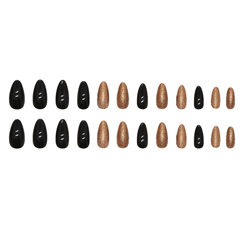 Sweet Cool Solid Almond Round Flash Black Gold Fall Nails