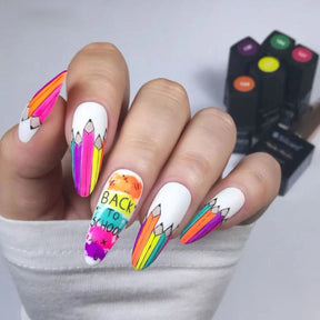 Back-to-School Medium Almond Matte Nail Tips with Crayon Designs