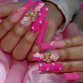 Sexy Pure Pink Nails with Diamond and Flower Accents