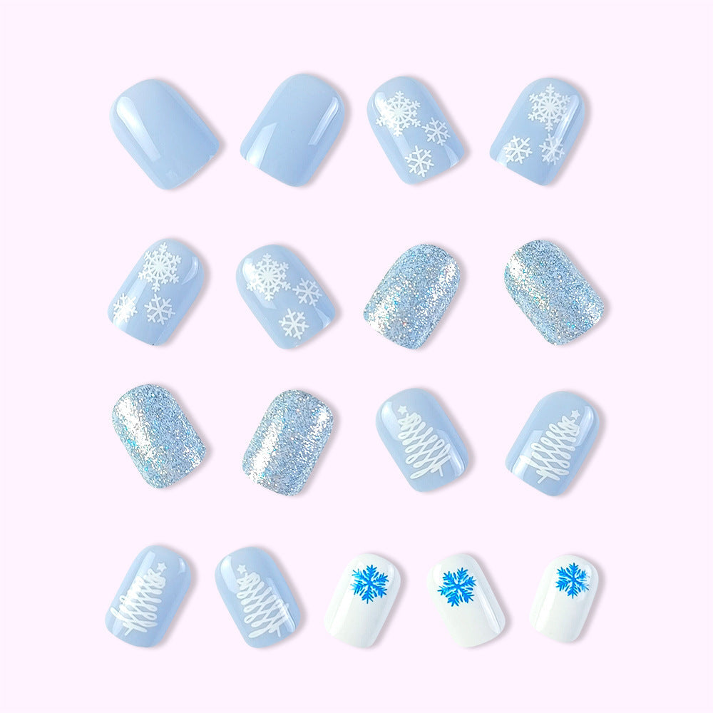 Christmas Blue and White Snowflake Fall Nails - Removable Nail Tips