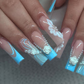 Removable Blue Gradient 3D Flower Pearl Camellia Nails