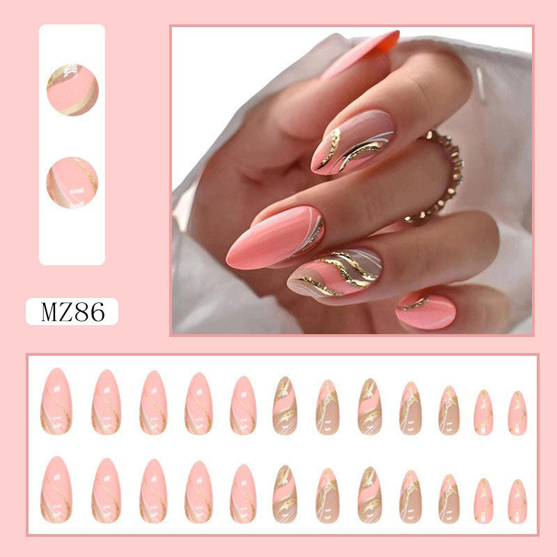 Shiny Barbie Pink Almond Nails with Wave Design