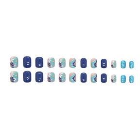 Short Fresh Morandi Blue Flower Wave Nails Sparkling Blue Glitter Wearable Fake Nails