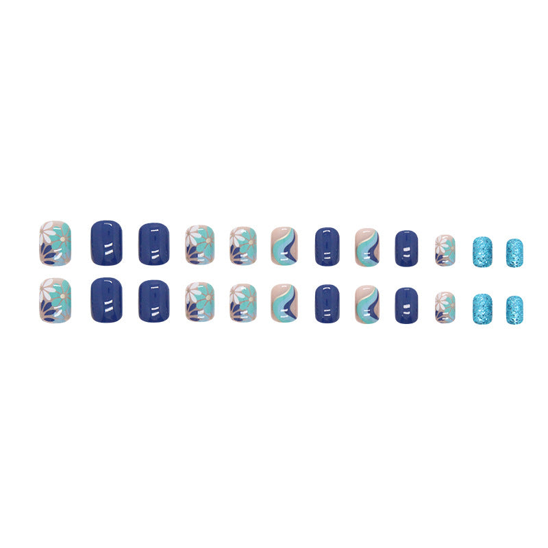 Short Fresh Morandi Blue Flower Wave Nails Sparkling Blue Glitter Wearable Fake Nails