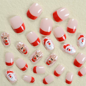 Cute Santa and Reindeer Christmas Nails, Red French Tip