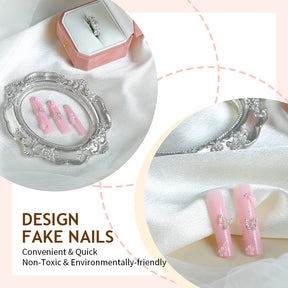 Long Waterpipe Style Removable False Nails Pink Butterfly  Design