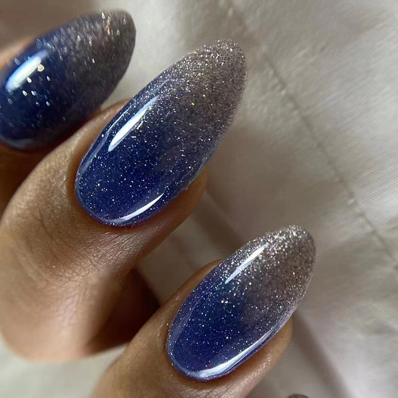 Shiny Galaxy Blue Almond Nails, Summer Cool Style