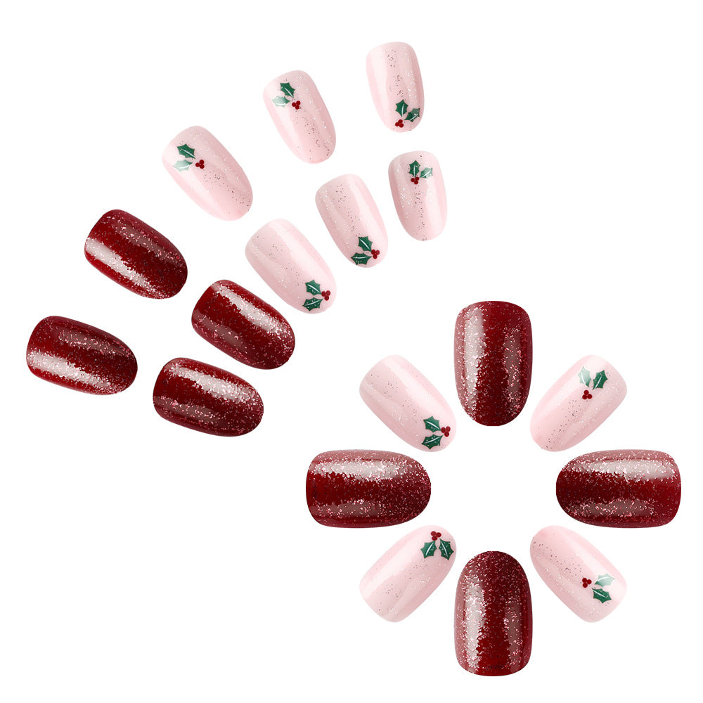 Short Shiny Oval Christmas Nails - Glitter, Leaves, Berries