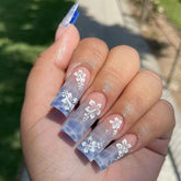 Summer Sea Blue Wave Gradient Square Nails - White Flowers (Wholesale 24-Piece)