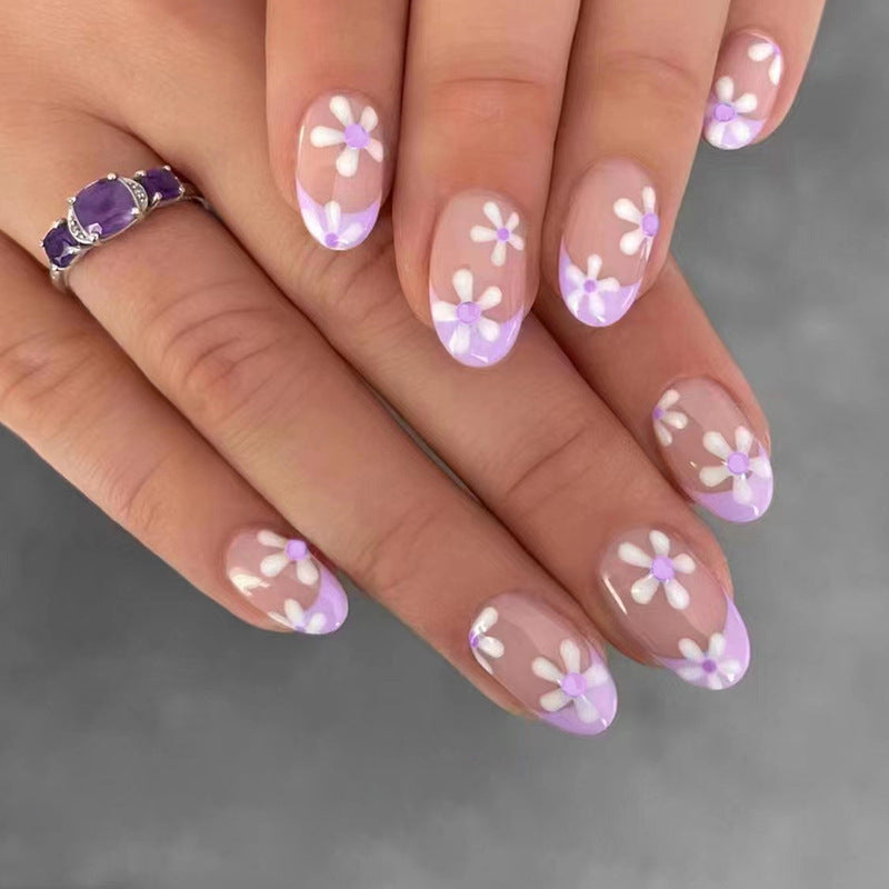 Oval Lilac French Nails, Cute Sweet Flower Design