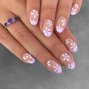 Oval Lilac French Nails, Cute Sweet Flower Design