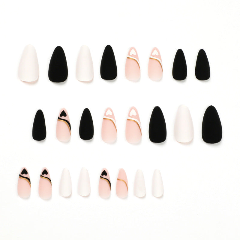 Wholesale French Black White Heart Nails, Gold Line, Matte Finish