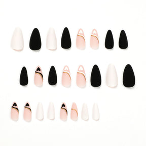 Wholesale French Black White Heart Nails, Gold Line, Matte Finish