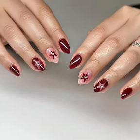 Trendy Wine Red Star Drop and Almond Nail Wraps for Fall Nails