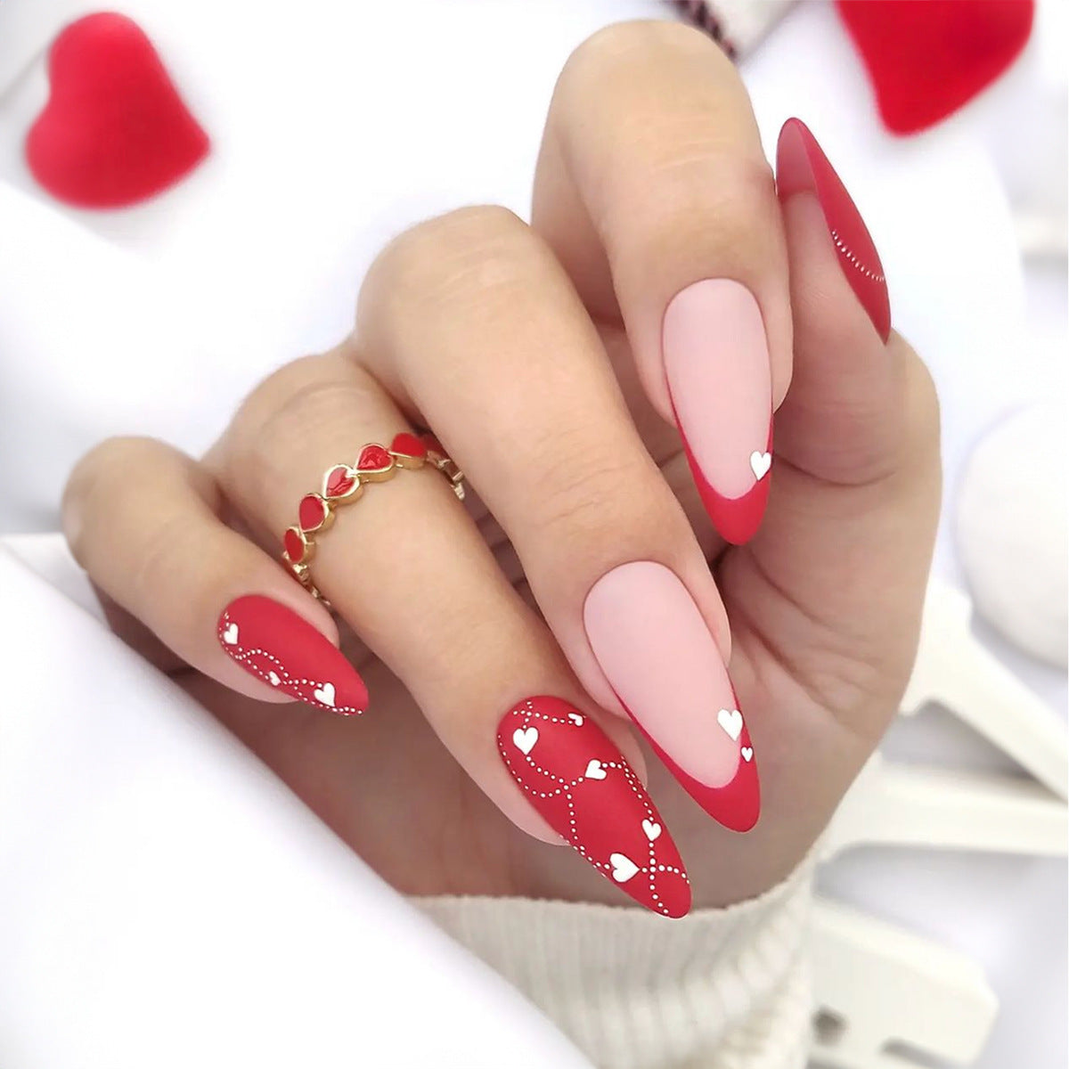 Almond Shape Nail Tips with Heart Stripe French Design