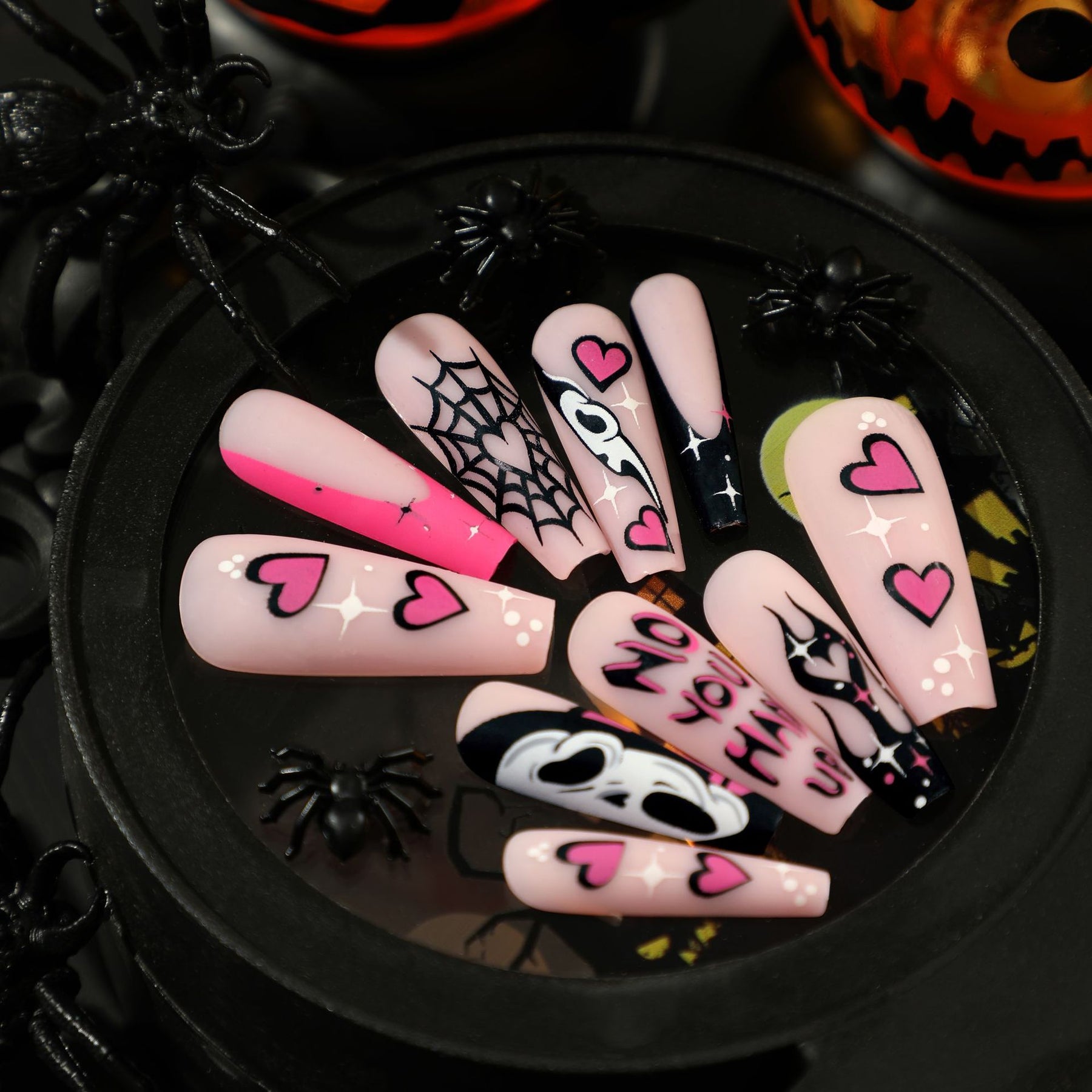 Black & Pink Halloween Nail Tips with Web and Flames