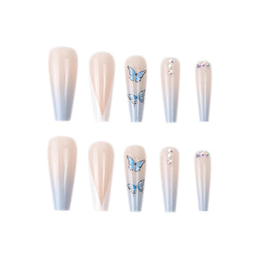 Blue Butterfly V-Shaped French Nail Extensions, Ins Style