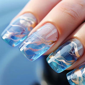 Mid-Length Square Blue Ombre Nail Stickers with Gold Lines