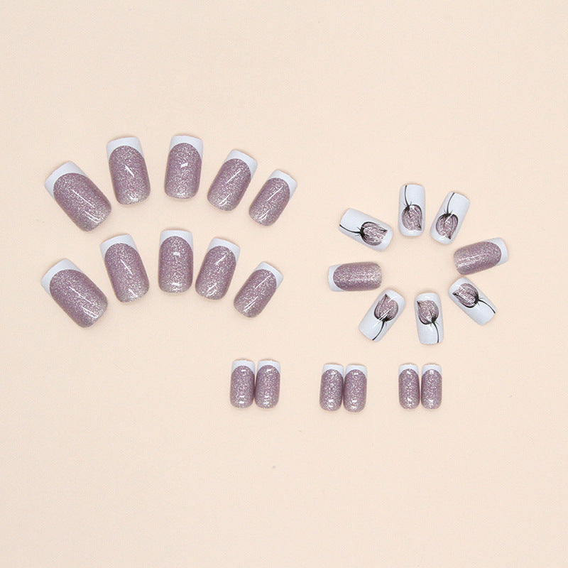 Shiny Full-Cover Square French Nail Stickers with Flower Buds