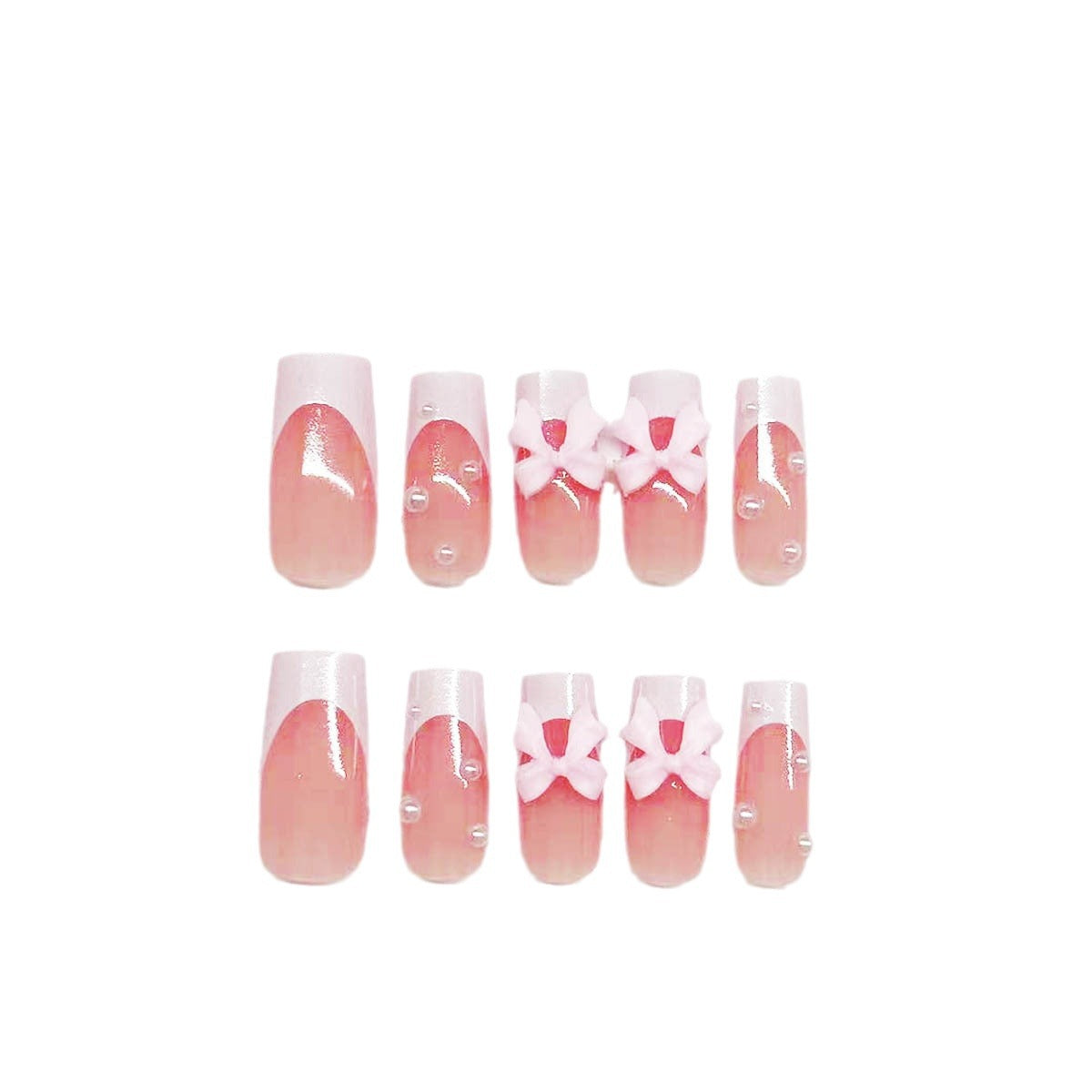 Classic White French Nails with Pearl and Pink Bow Accents