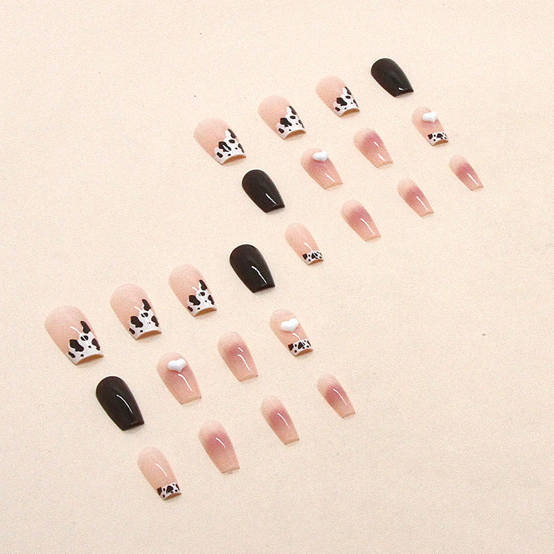 Short Ballet Blush Heart Cow Print French Fall Nails, 24-Piece Set