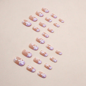 Oval Lilac French Nails, Cute Sweet Flower Design