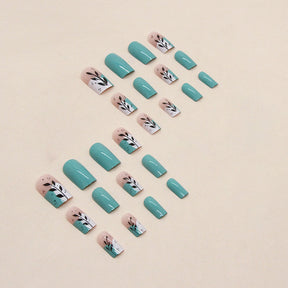 Summer Fresh Mid-Length Nails, Lake Blue with Leaf Design