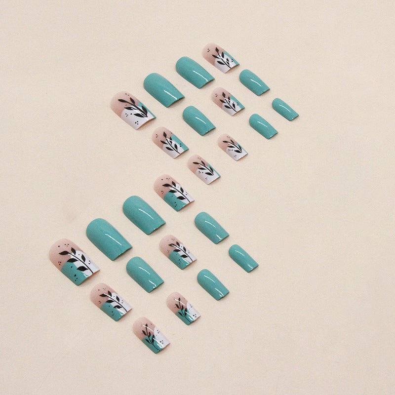 Summer Fresh Mid-Length Nails, Lake Blue with Leaf Design