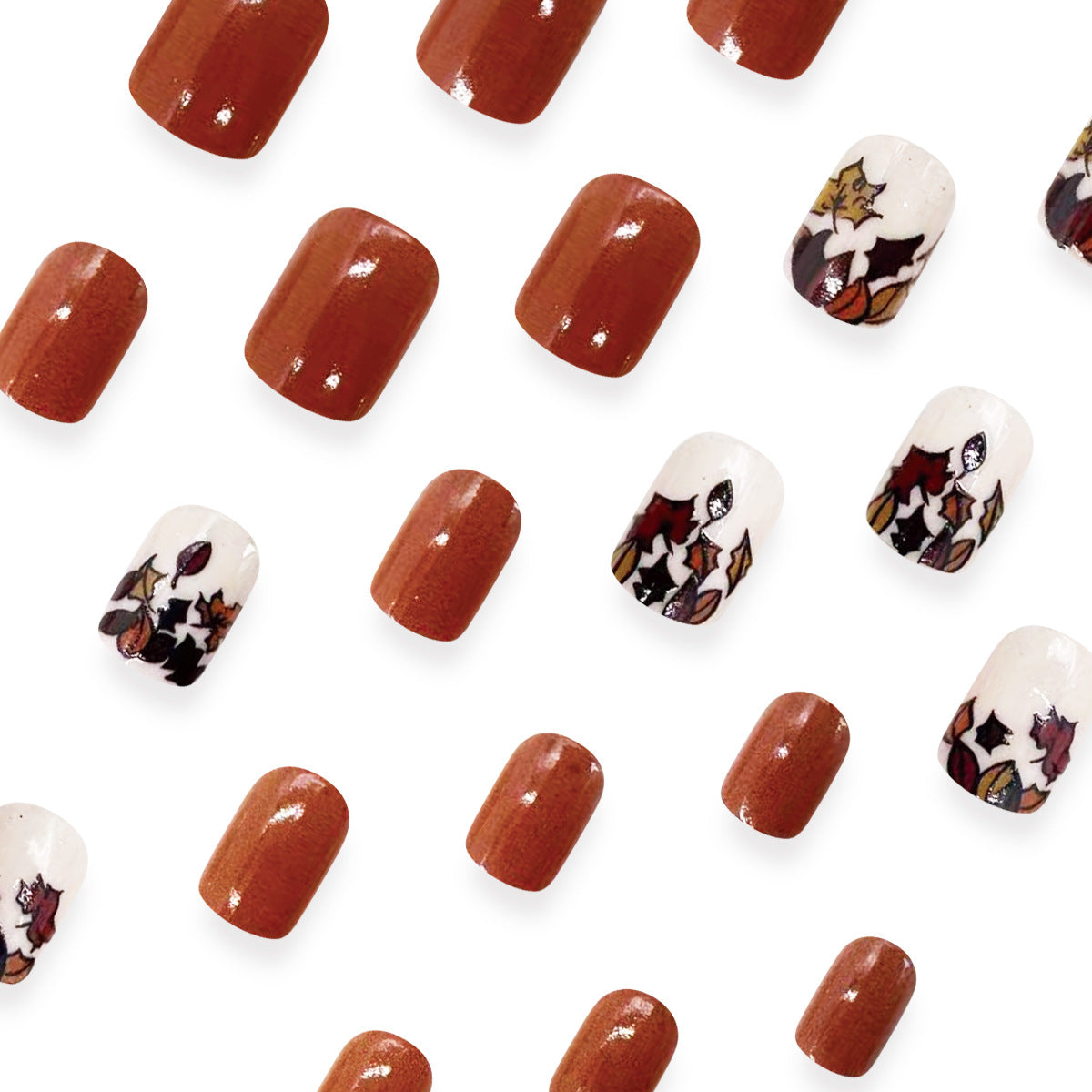 Autumn Coffee Brown Short Square Leaf Design Nail Tips