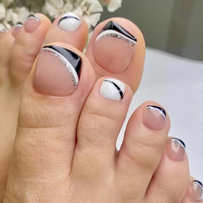 Removable Black & White French Wave Fall Toe Nails - Nail Tips