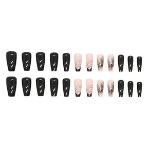 Mid-Length Solid Black Butterfly Nails, Striped and Glitter French