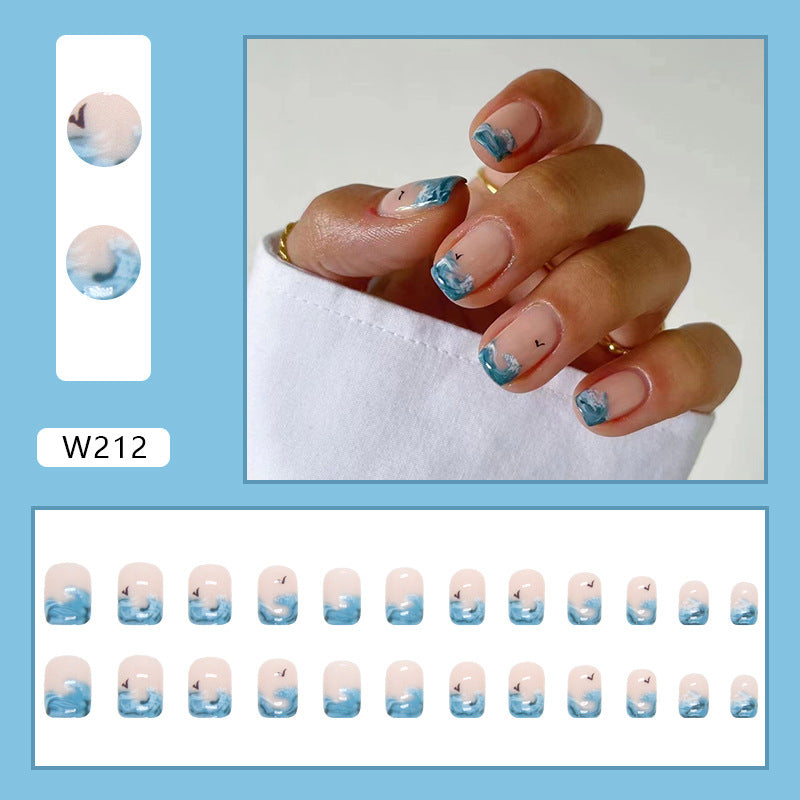 Short Blue Wave Cool Natural Fall Nails, 24-Piece Wholesale Set