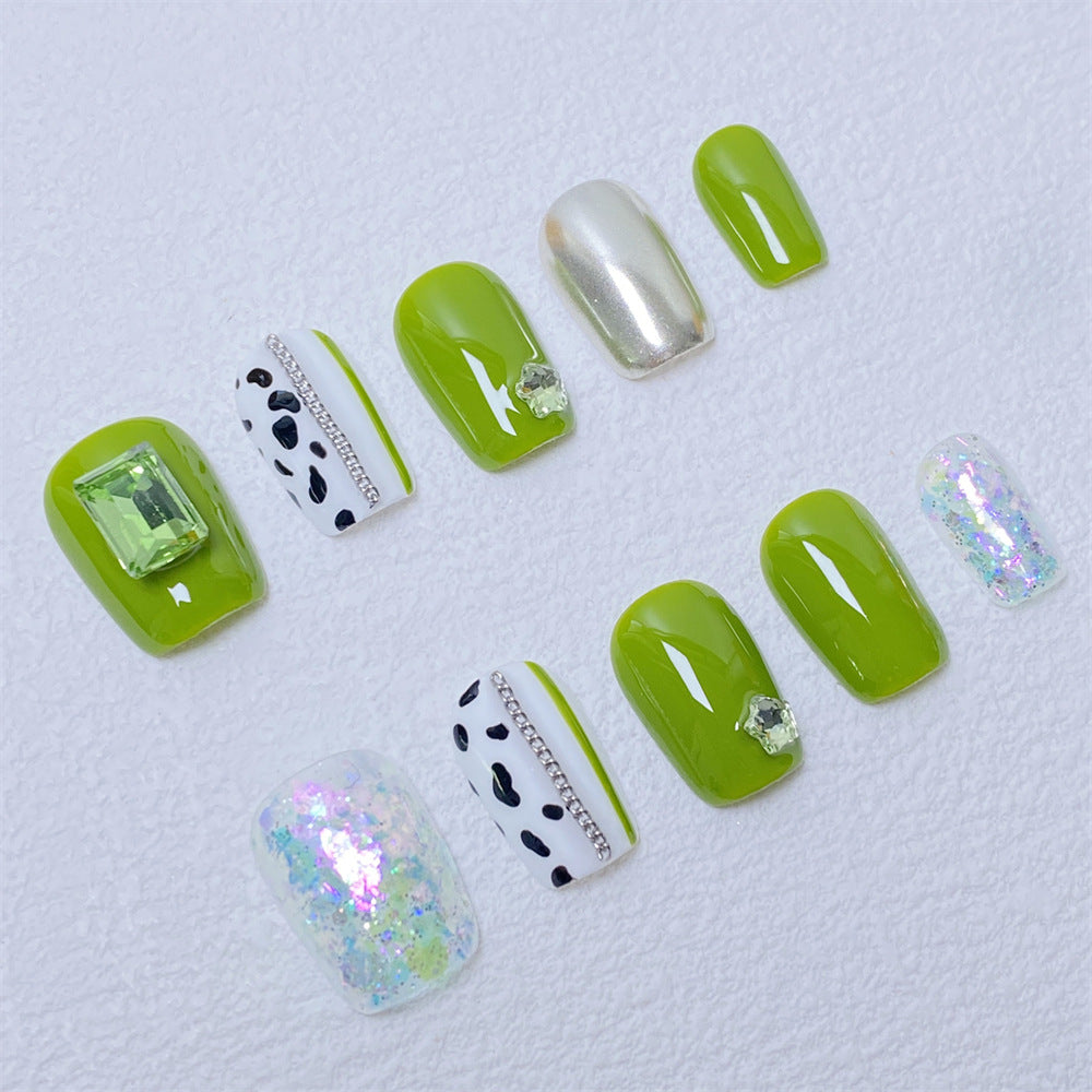 Chic Handmade Fresh Forest-Theme Full-Diamond Fall Nails, Trendy and Versatile Student-Friendly Nail Patches