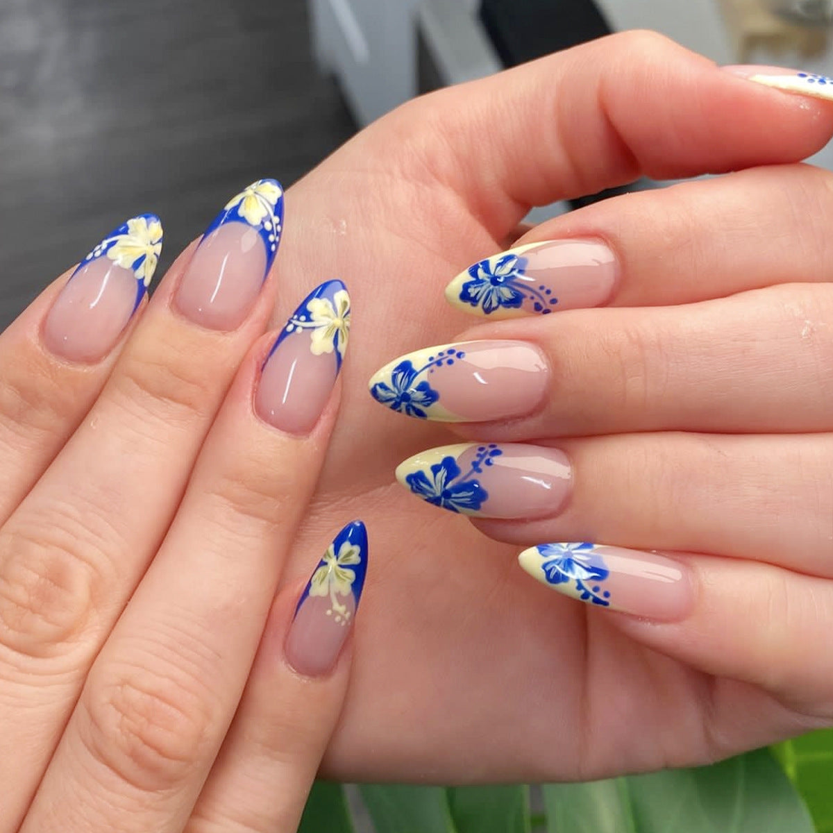 Almond Shape Irregular Yellow Blue French Flower Removable Nails