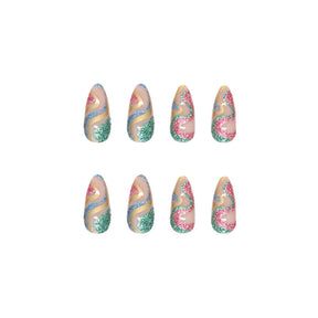 Shiny Snake Pattern Fragment Almond Nails, Durable, Wholesale