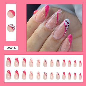 Simple Slanted French Rose Almond Nails Gold Leopard Print Sweet Ins Style