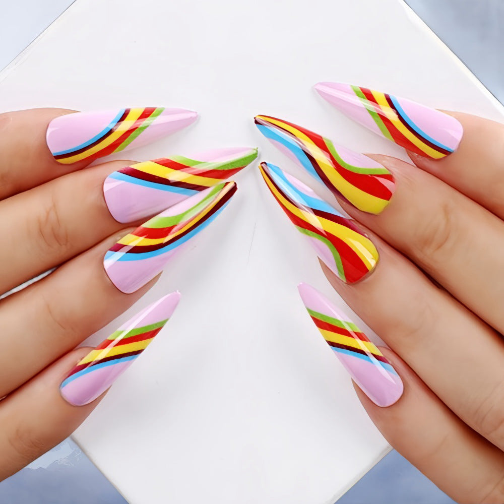 Dreamy Rainbow Long Almond Press-On Nails JD-16