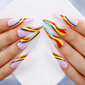 Dreamy Rainbow Long Almond Press-On Nails JD-16