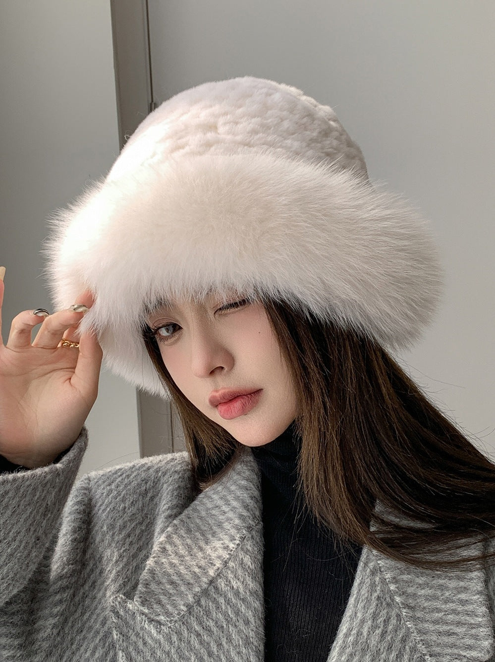 Cute Real Rabbit Fur Hat with Fox Trim - Winter Warmth