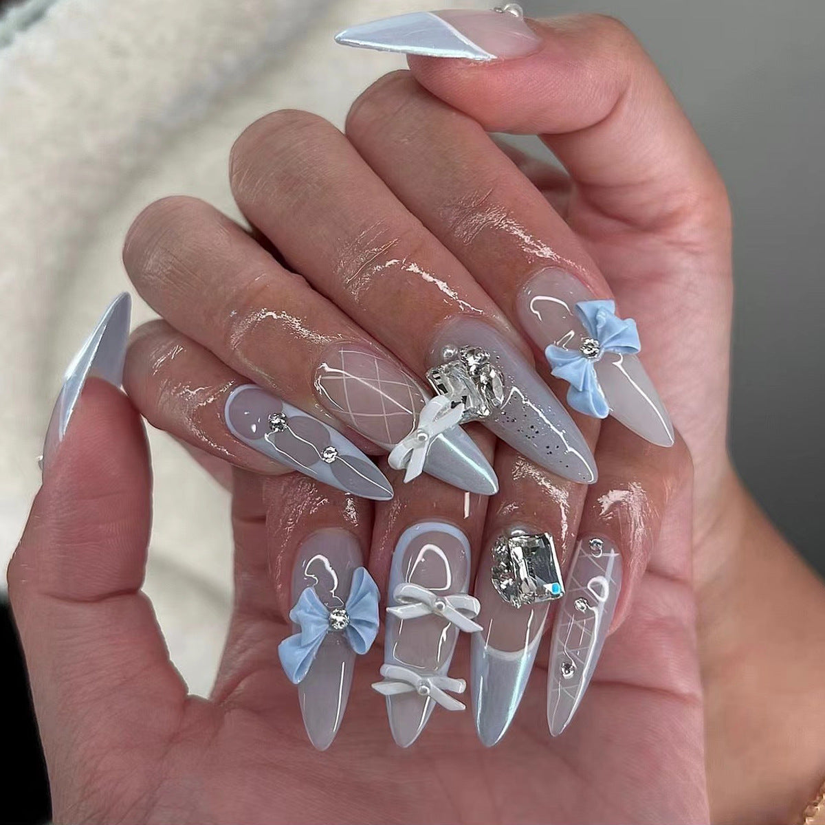 Sparkling Crystal Nails with Bow French Tips