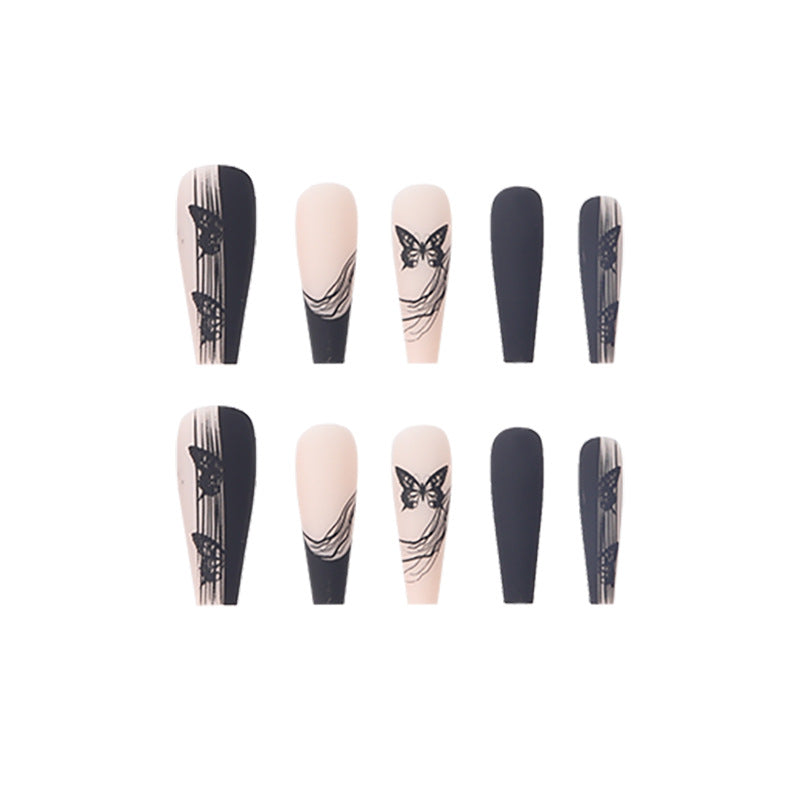 Long Black Butterfly Line Ballet-Inspired Nails