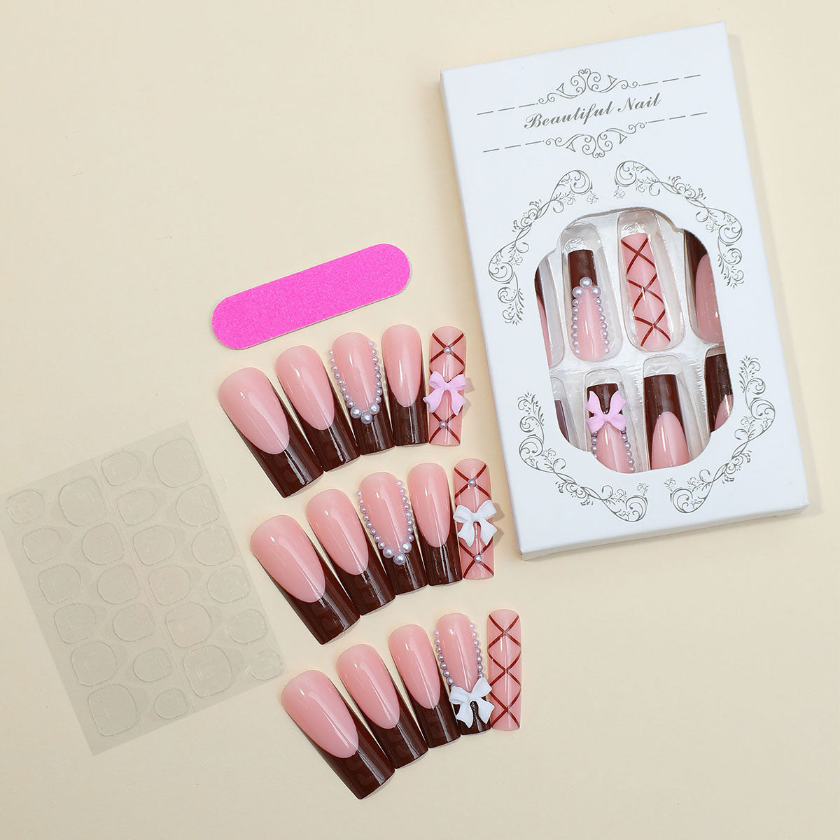 Long French Chocolate Nail Tips with Bow and Pearls