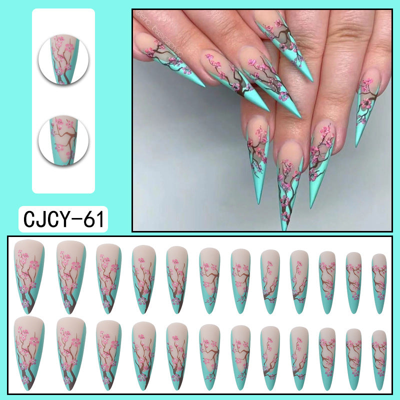 Tiffany Blue Chinese Plum Blossom Long Pointed French Fall Nails