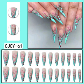 Tiffany Blue Chinese Plum Blossom Long Pointed French Fall Nails