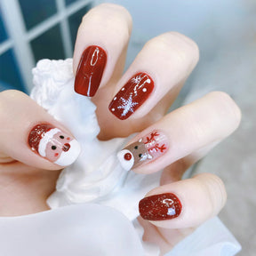 Christmas Red Short Square Santa Reindeer Glitter Detachable Fake Nails