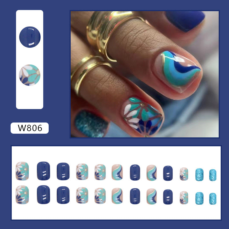 Short Fresh Morandi Blue Flower Wave Nails Sparkling Blue Glitter Wearable Fake Nails