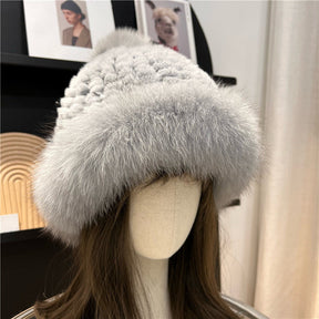 Winter New Real Rabbit Fur Hat with Fox Pom Pom