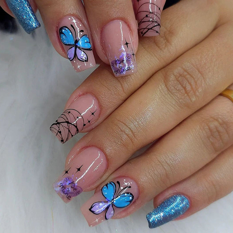 Cool Blue Shiny Butterfly Nails, Short Ballet, Ins Style